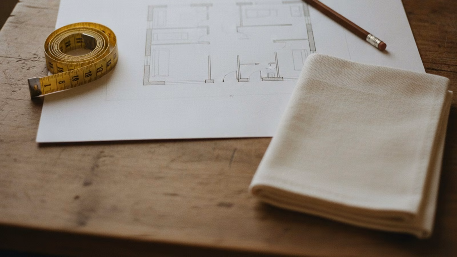 A tape measure, a hand-drawn floor plan and a swatch of tent canvas on a desk